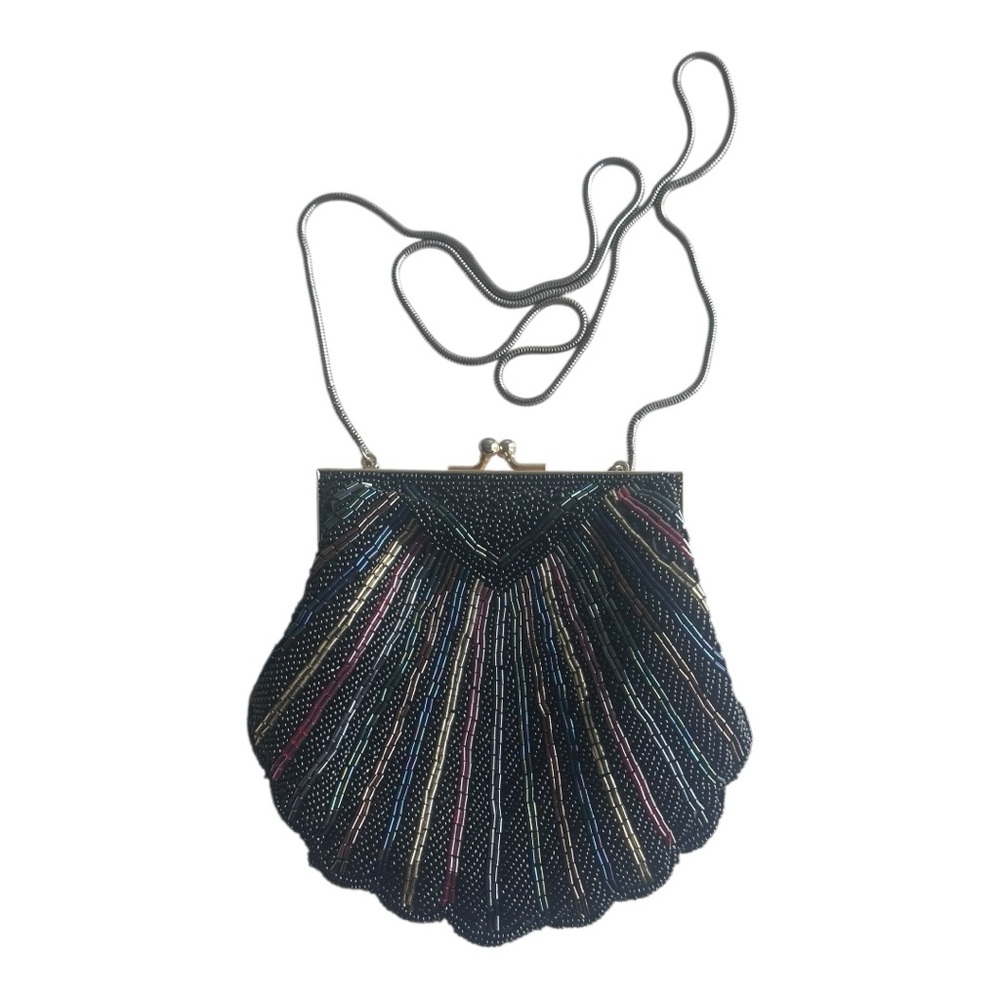 Vintage Lord & Taylor Elegant Black‎ Multicolor Shell Clutch with metal strap
